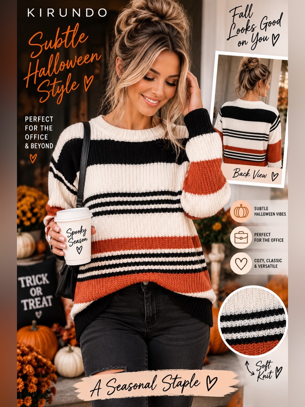 Kirundo Halloween Striped Sweater Medium Orange Black Cream Office Fall NWOT